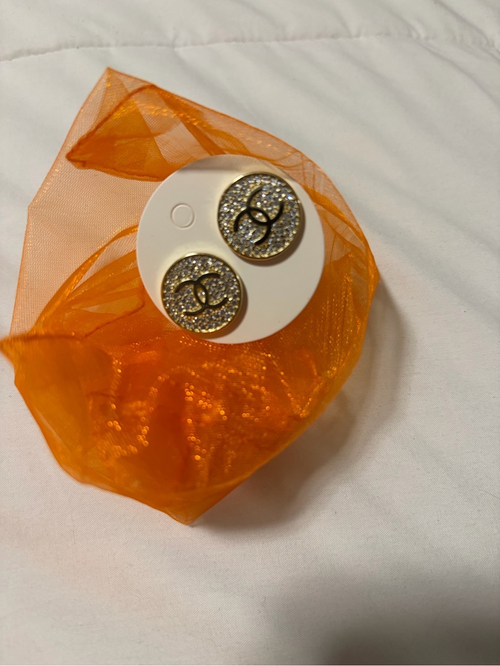 Gold Crystal Round Logo-Style  Inspired Stud Earrings - Gold